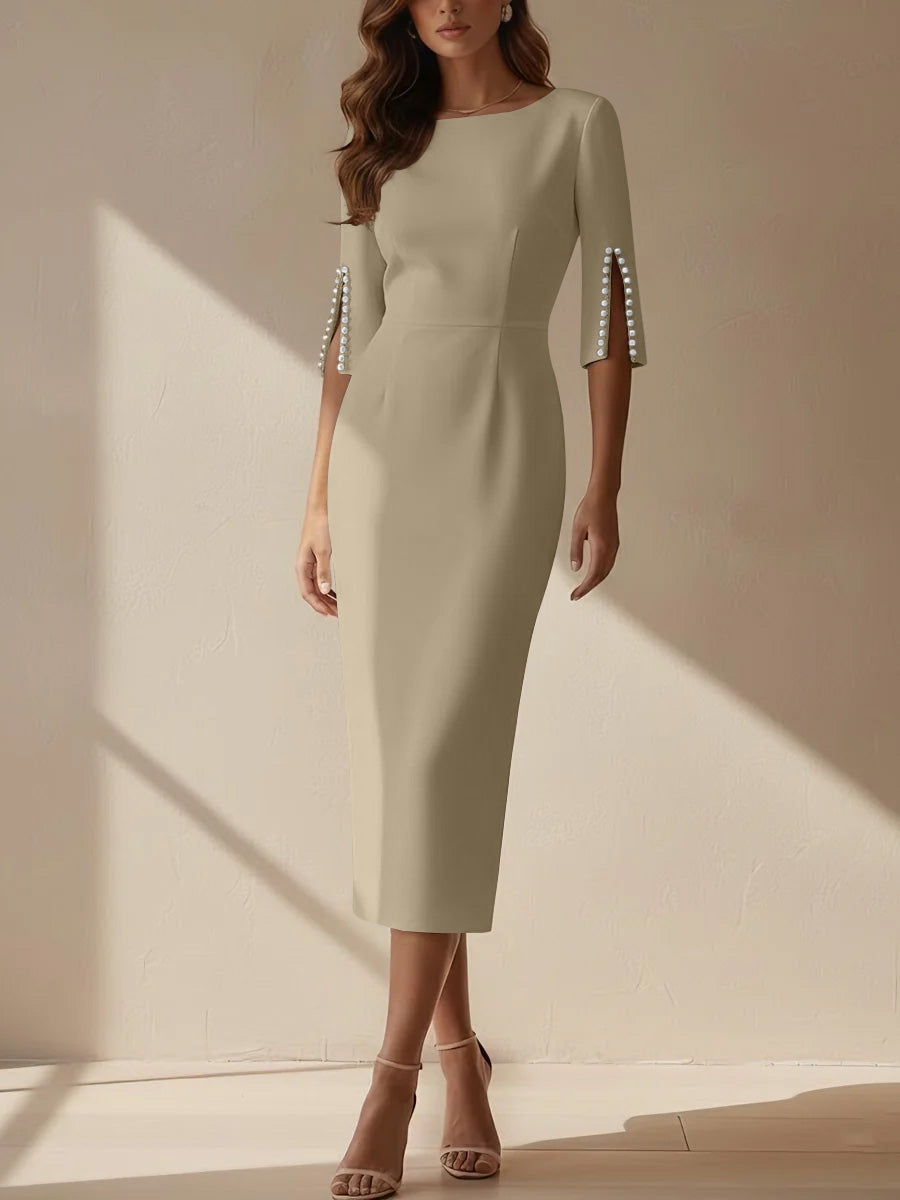 Sheath/Column Scoop Stretch Satin Cocktail Dresses Tea-Length Half Sleeves Formal Dress