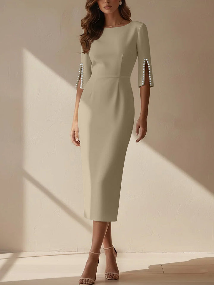 Sheath/Column Scoop Stretch Satin Cocktail Dresses Tea-Length Half Sleeves Formal Dress