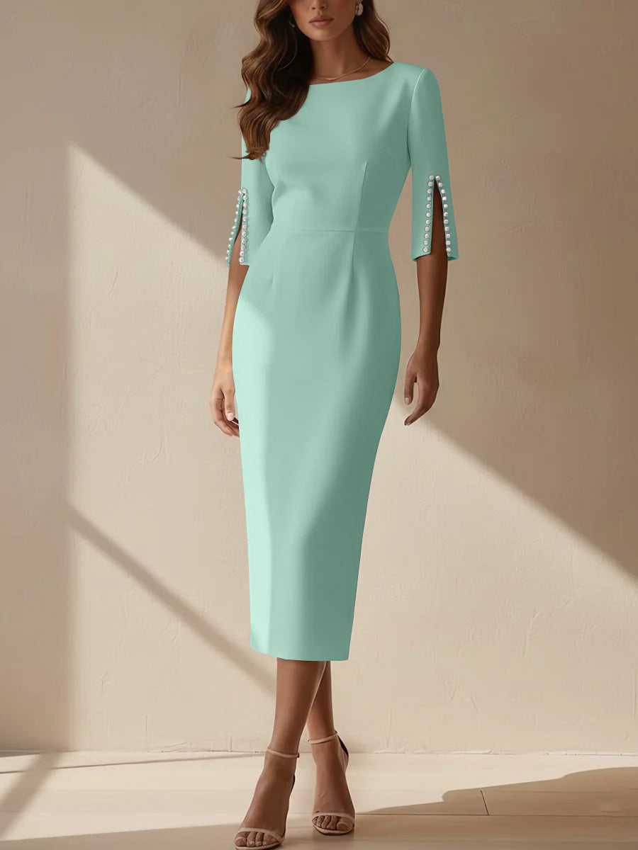 Sheath/Column Scoop Stretch Satin Cocktail Dresses Tea-Length Half Sleeves Formal Dress