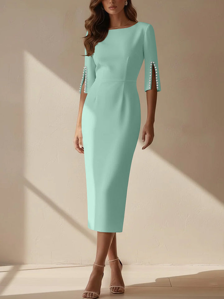 Sheath/Column Scoop Stretch Satin Cocktail Dresses Tea-Length Half Sleeves Formal Dress
