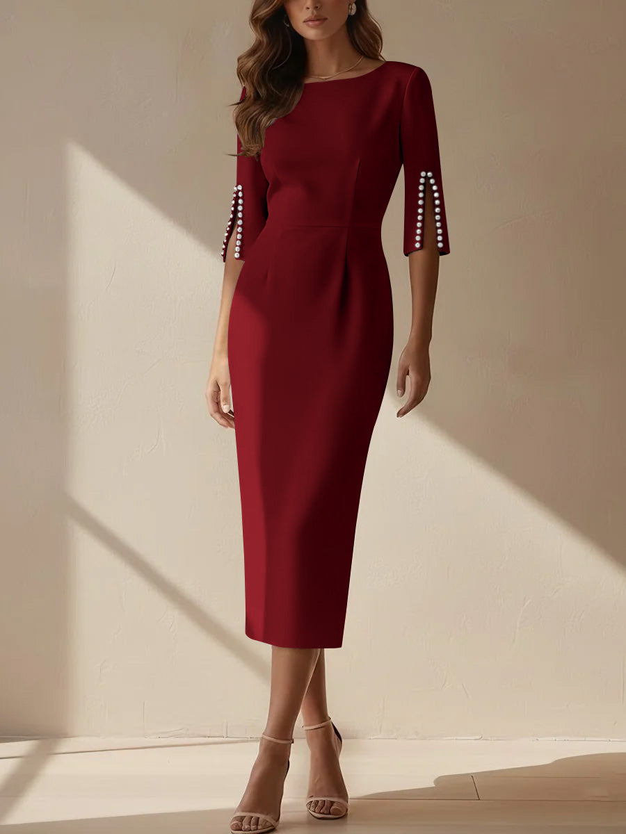 Sheath/Column Scoop Stretch Satin Cocktail Dresses Tea-Length Half Sleeves Formal Dress