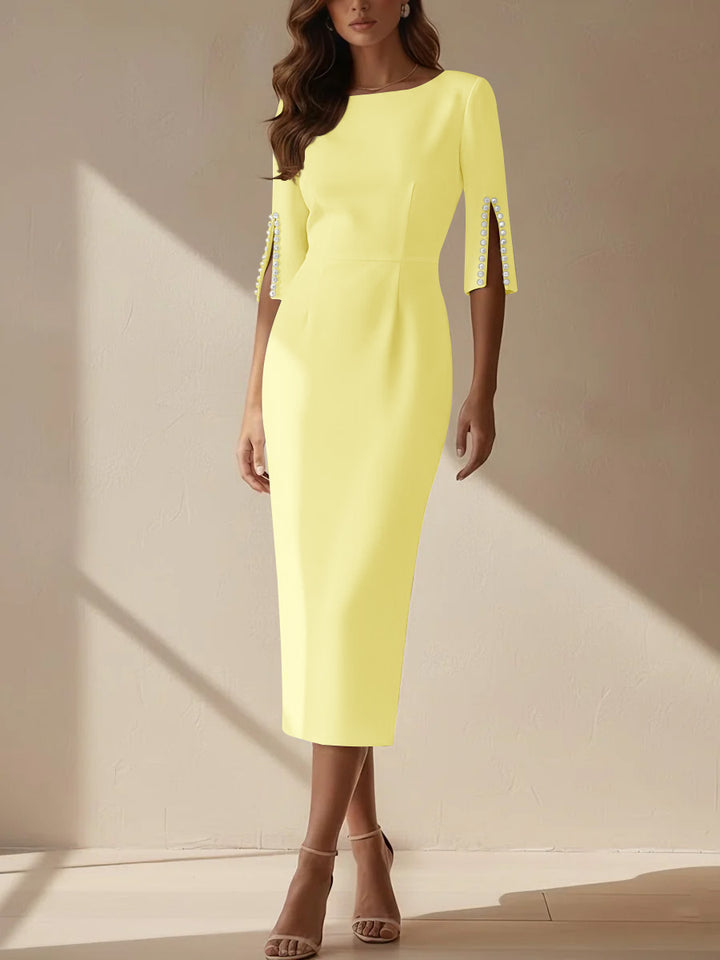 Sheath/Column Scoop Stretch Satin Cocktail Dresses Tea-Length Half Sleeves Formal Dress