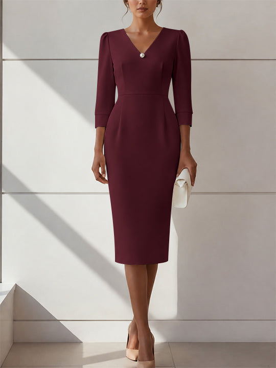 Sheath/Column V-Neck Stretch Satin Cocktail Dresses with Pearl Tea-Length 3/4 Sleeves Formal Dress
