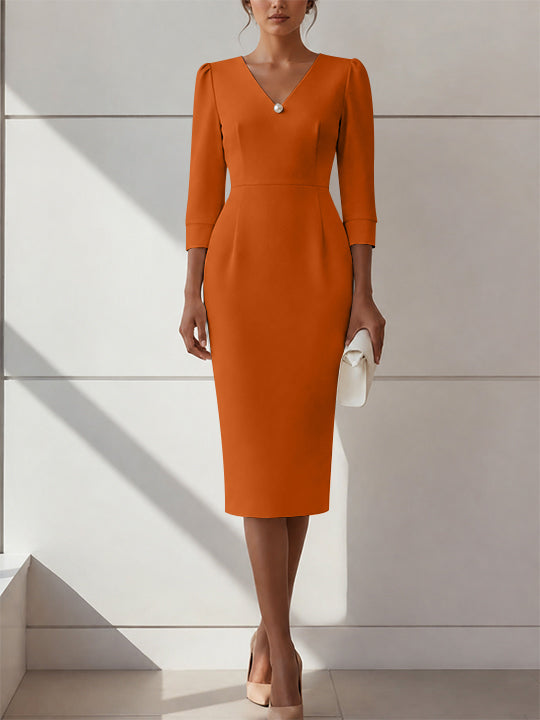 Sheath/Column V-Neck Stretch Satin Cocktail Dresses with Pearl Tea-Length 3/4 Sleeves Formal Dress