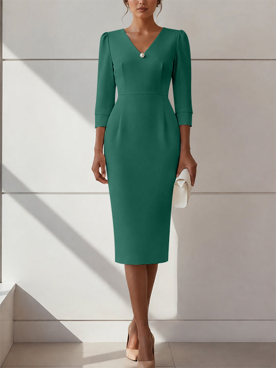 Sheath/Column V-Neck Stretch Satin Cocktail Dresses with Pearl Tea-Length 3/4 Sleeves Formal Dress