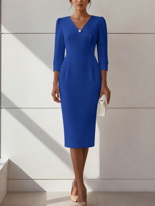Sheath/Column V-Neck Stretch Satin Cocktail Dresses with Pearl Tea-Length 3/4 Sleeves Formal Dress
