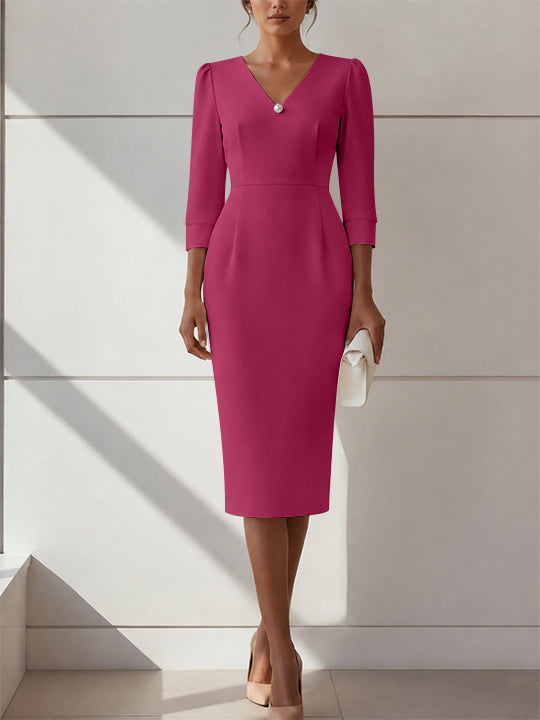 Sheath/Column V-Neck Stretch Satin Cocktail Dresses with Pearl Tea-Length 3/4 Sleeves Formal Dress