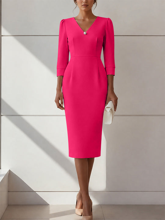 Sheath/Column V-Neck Stretch Satin Cocktail Dresses with Pearl Tea-Length 3/4 Sleeves Formal Dress