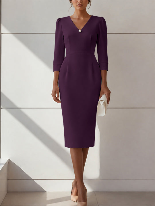 Sheath/Column V-Neck Stretch Satin Cocktail Dresses with Pearl Tea-Length 3/4 Sleeves Formal Dress