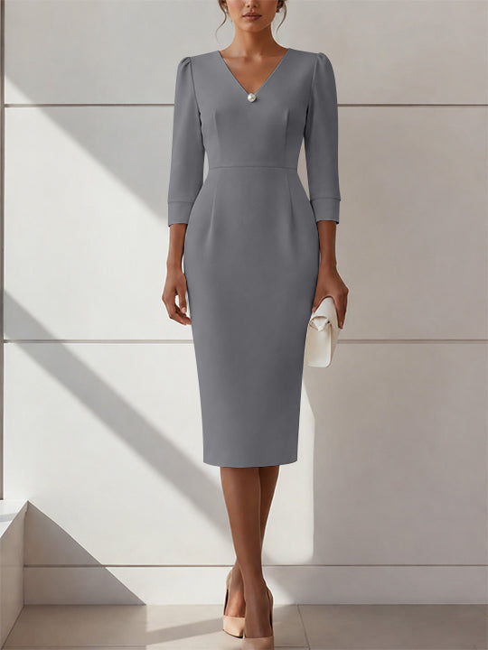 Sheath/Column V-Neck Stretch Satin Cocktail Dresses with Pearl Tea-Length 3/4 Sleeves Formal Dress