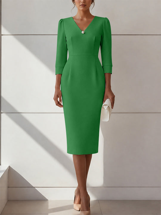 Sheath/Column V-Neck Stretch Satin Cocktail Dresses with Pearl Tea-Length 3/4 Sleeves Formal Dress