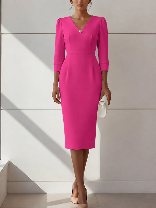 Sheath/Column V-Neck Stretch Satin Cocktail Dresses with Pearl Tea-Length 3/4 Sleeves Formal Dress