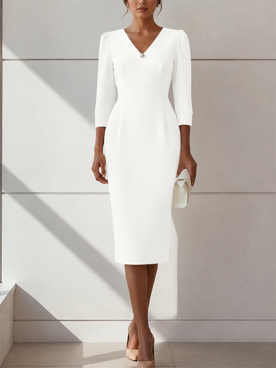 Sheath/Column V-Neck Stretch Satin Cocktail Dresses with Pearl Tea-Length 3/4 Sleeves Formal Dress