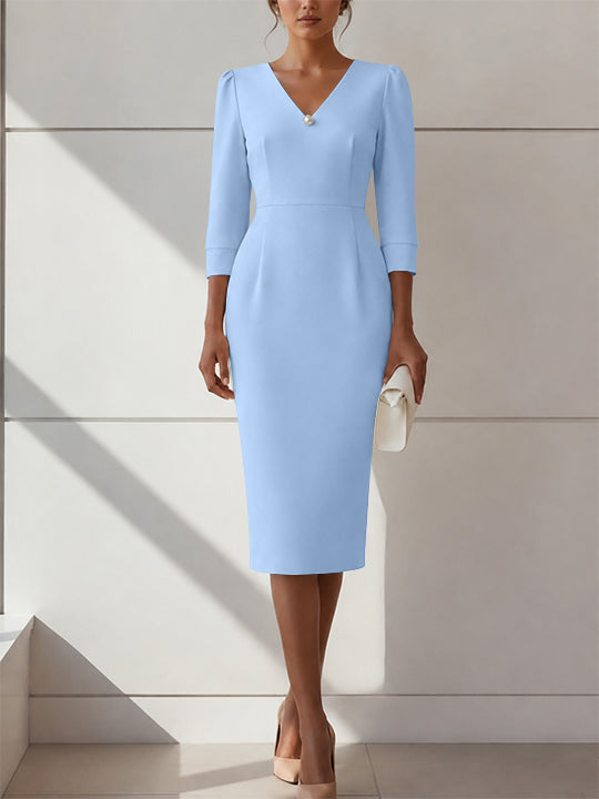 Sheath/Column V-Neck Stretch Satin Cocktail Dresses with Pearl Tea-Length 3/4 Sleeves Formal Dress