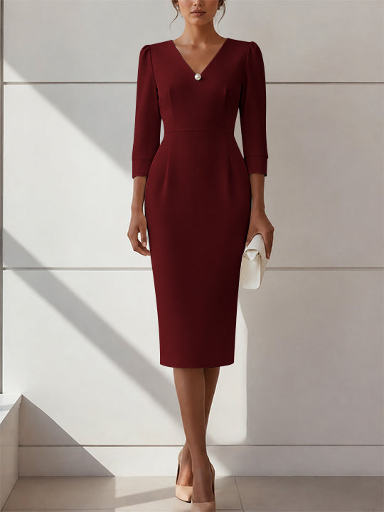 Sheath/Column V-Neck Stretch Satin Cocktail Dresses with Pearl Tea-Length 3/4 Sleeves Formal Dress