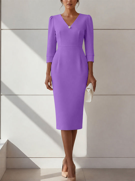 Sheath/Column V-Neck Stretch Satin Cocktail Dresses with Pearl Tea-Length 3/4 Sleeves Formal Dress