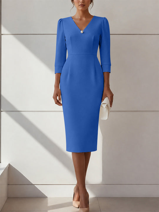 Sheath/Column V-Neck Stretch Satin Cocktail Dresses with Pearl Tea-Length 3/4 Sleeves Formal Dress