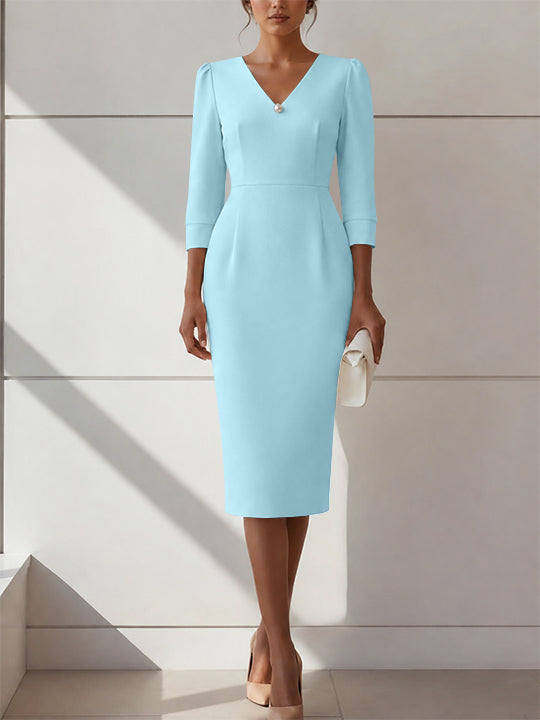 Sheath/Column V-Neck Stretch Satin Cocktail Dresses with Pearl Tea-Length 3/4 Sleeves Formal Dress