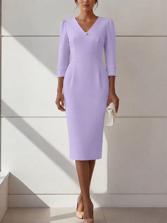 Sheath/Column V-Neck Stretch Satin Cocktail Dresses with Pearl Tea-Length 3/4 Sleeves Formal Dress