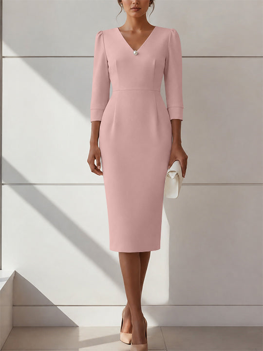 Sheath/Column V-Neck Stretch Satin Cocktail Dresses with Pearl Tea-Length 3/4 Sleeves Formal Dress