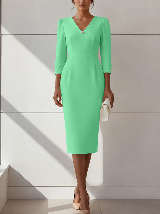 Sheath/Column V-Neck Stretch Satin Cocktail Dresses with Pearl Tea-Length 3/4 Sleeves Formal Dress