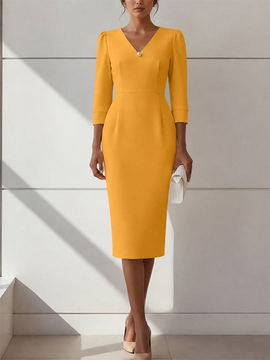 Sheath/Column V-Neck Stretch Satin Cocktail Dresses with Pearl Tea-Length 3/4 Sleeves Formal Dress