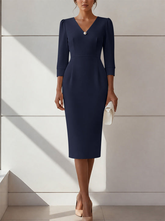 Sheath/Column V-Neck Stretch Satin Cocktail Dresses with Pearl Tea-Length 3/4 Sleeves Formal Dress