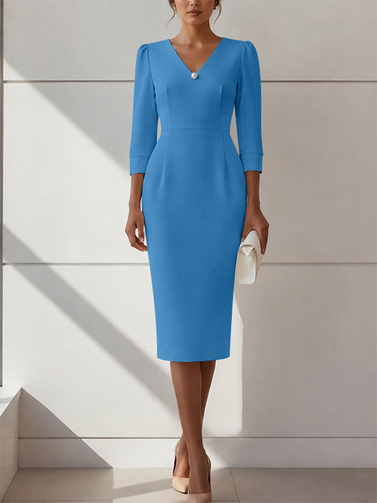Sheath/Column V-Neck Stretch Satin Cocktail Dresses with Pearl Tea-Length 3/4 Sleeves Formal Dress