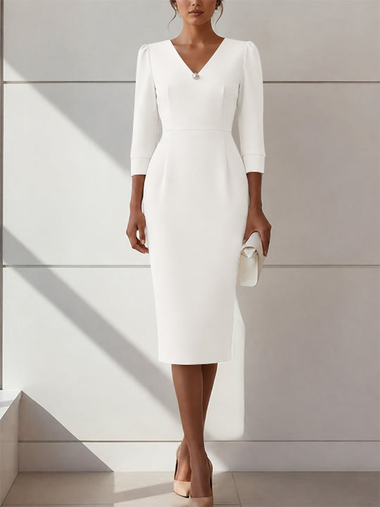 Sheath/Column V-Neck Stretch Satin Cocktail Dresses with Pearl Tea-Length 3/4 Sleeves Formal Dress