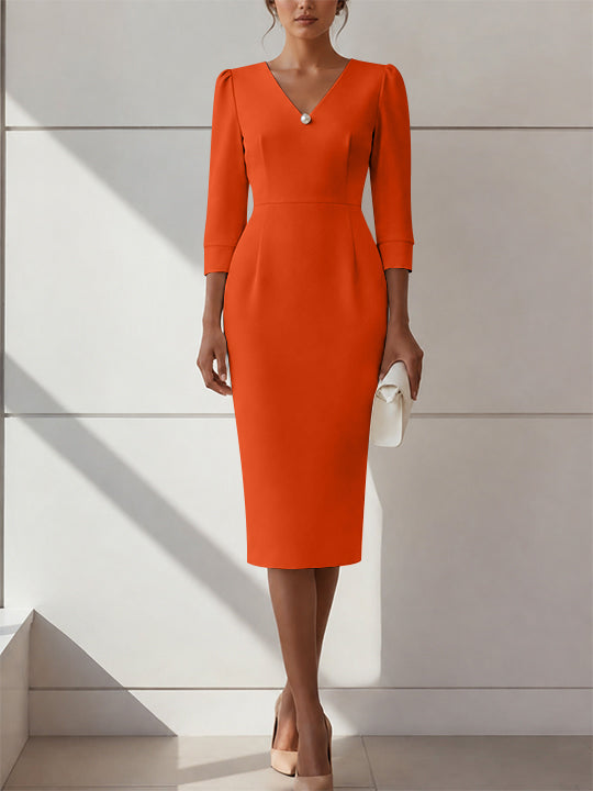 Sheath/Column V-Neck Stretch Satin Cocktail Dresses with Pearl Tea-Length 3/4 Sleeves Formal Dress