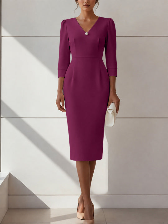 Sheath/Column V-Neck Stretch Satin Cocktail Dresses with Pearl Tea-Length 3/4 Sleeves Formal Dress