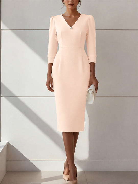 Sheath/Column V-Neck Stretch Satin Cocktail Dresses with Pearl Tea-Length 3/4 Sleeves Formal Dress