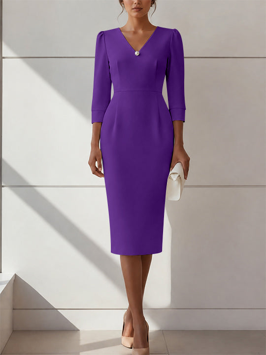 Sheath/Column V-Neck Stretch Satin Cocktail Dresses with Pearl Tea-Length 3/4 Sleeves Formal Dress