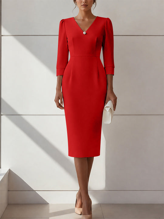 Sheath/Column V-Neck Stretch Satin Cocktail Dresses with Pearl Tea-Length 3/4 Sleeves Formal Dress