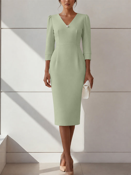 Sheath/Column V-Neck Stretch Satin Cocktail Dresses with Pearl Tea-Length 3/4 Sleeves Formal Dress