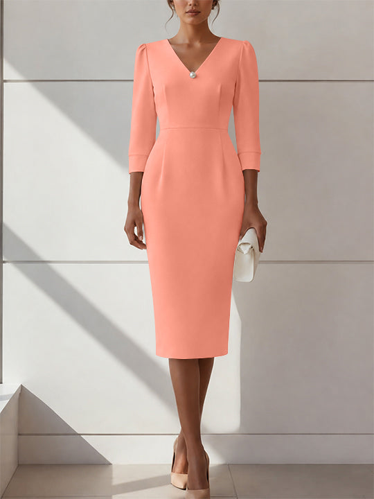 Sheath/Column V-Neck Stretch Satin Cocktail Dresses with Pearl Tea-Length 3/4 Sleeves Formal Dress