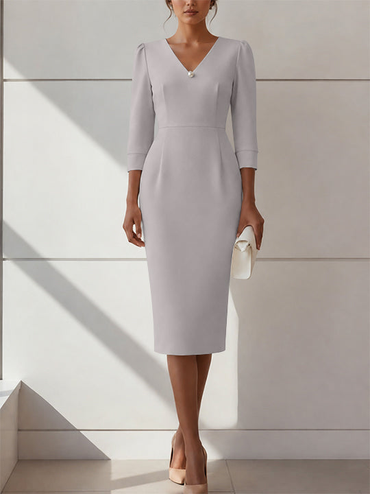 Sheath/Column V-Neck Stretch Satin Cocktail Dresses with Pearl Tea-Length 3/4 Sleeves Formal Dress