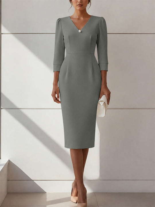 Sheath/Column V-Neck Stretch Satin Cocktail Dresses with Pearl Tea-Length 3/4 Sleeves Formal Dress