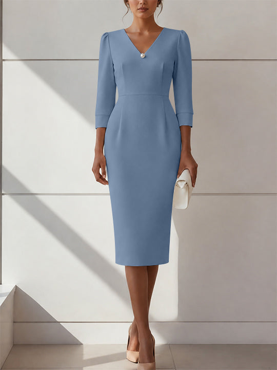 Sheath/Column V-Neck Stretch Satin Cocktail Dresses with Pearl Tea-Length 3/4 Sleeves Formal Dress