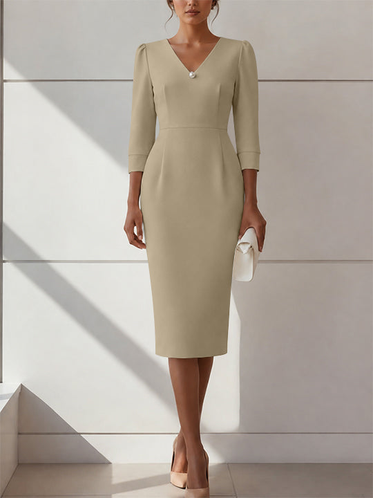 Sheath/Column V-Neck Stretch Satin Cocktail Dresses with Pearl Tea-Length 3/4 Sleeves Formal Dress