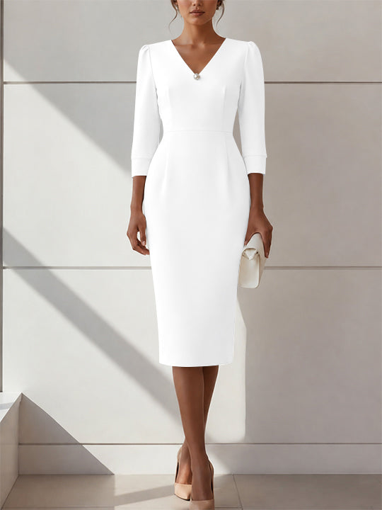 Sheath/Column V-Neck Stretch Satin Cocktail Dresses with Pearl Tea-Length 3/4 Sleeves Formal Dress