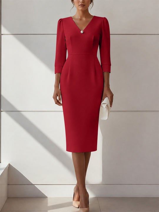 Sheath/Column V-Neck Stretch Satin Cocktail Dresses with Pearl Tea-Length 3/4 Sleeves Formal Dress