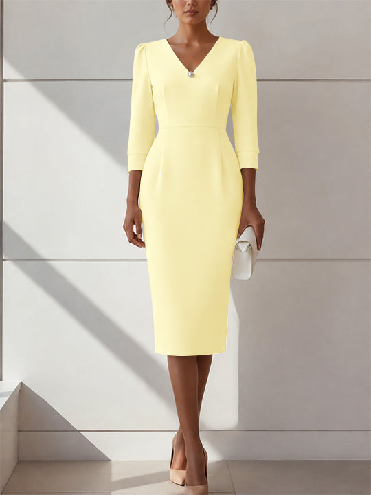 Sheath/Column V-Neck Stretch Satin Cocktail Dresses with Pearl Tea-Length 3/4 Sleeves Formal Dress