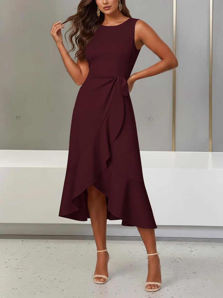 Trumpet/Mermaid Scoop Stretch Satin Cocktail Dresses with Split Side Tea-Length Sleeveless Ruffles Formal Dress