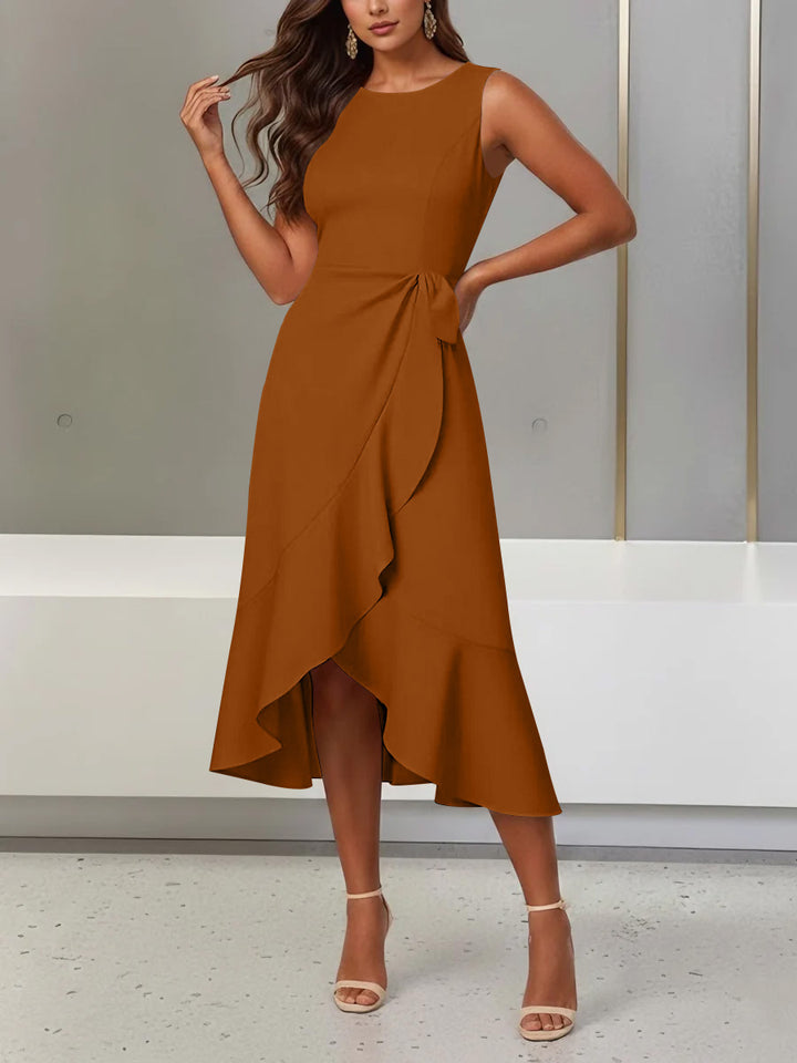 Trumpet/Mermaid Scoop Stretch Satin Cocktail Dresses with Split Side Tea-Length Sleeveless Ruffles Formal Dress