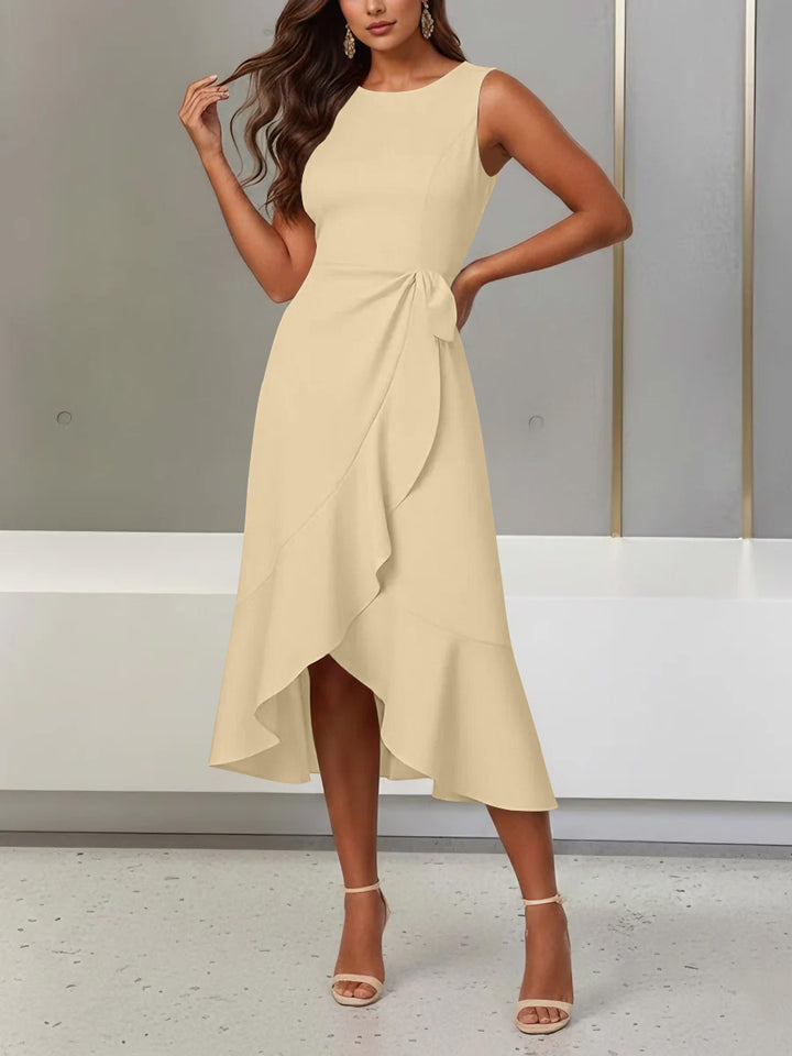 Trumpet/Mermaid Scoop Stretch Satin Cocktail Dresses with Split Side Tea-Length Sleeveless Ruffles Formal Dress