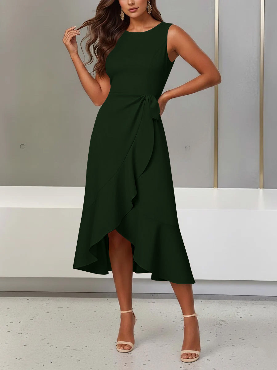 Trumpet/Mermaid Scoop Stretch Satin Cocktail Dresses with Split Side Tea-Length Sleeveless Ruffles Formal Dress
