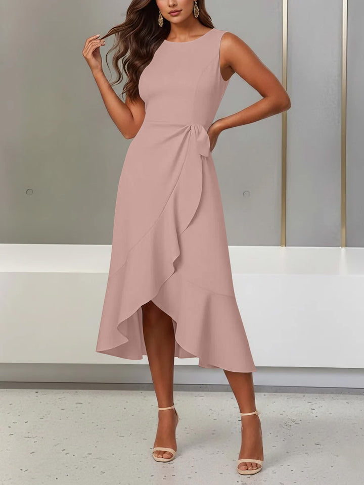 Trumpet/Mermaid Scoop Stretch Satin Cocktail Dresses with Split Side Tea-Length Sleeveless Ruffles Formal Dress