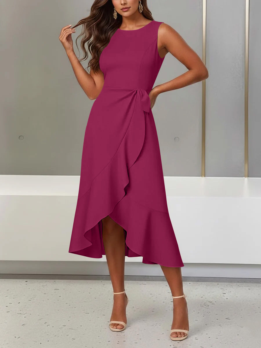 Trumpet/Mermaid Scoop Stretch Satin Cocktail Dresses with Split Side Tea-Length Sleeveless Ruffles Formal Dress