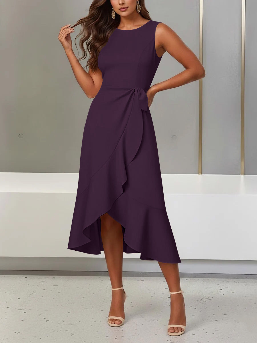 Trumpet/Mermaid Scoop Stretch Satin Cocktail Dresses with Split Side Tea-Length Sleeveless Ruffles Formal Dress